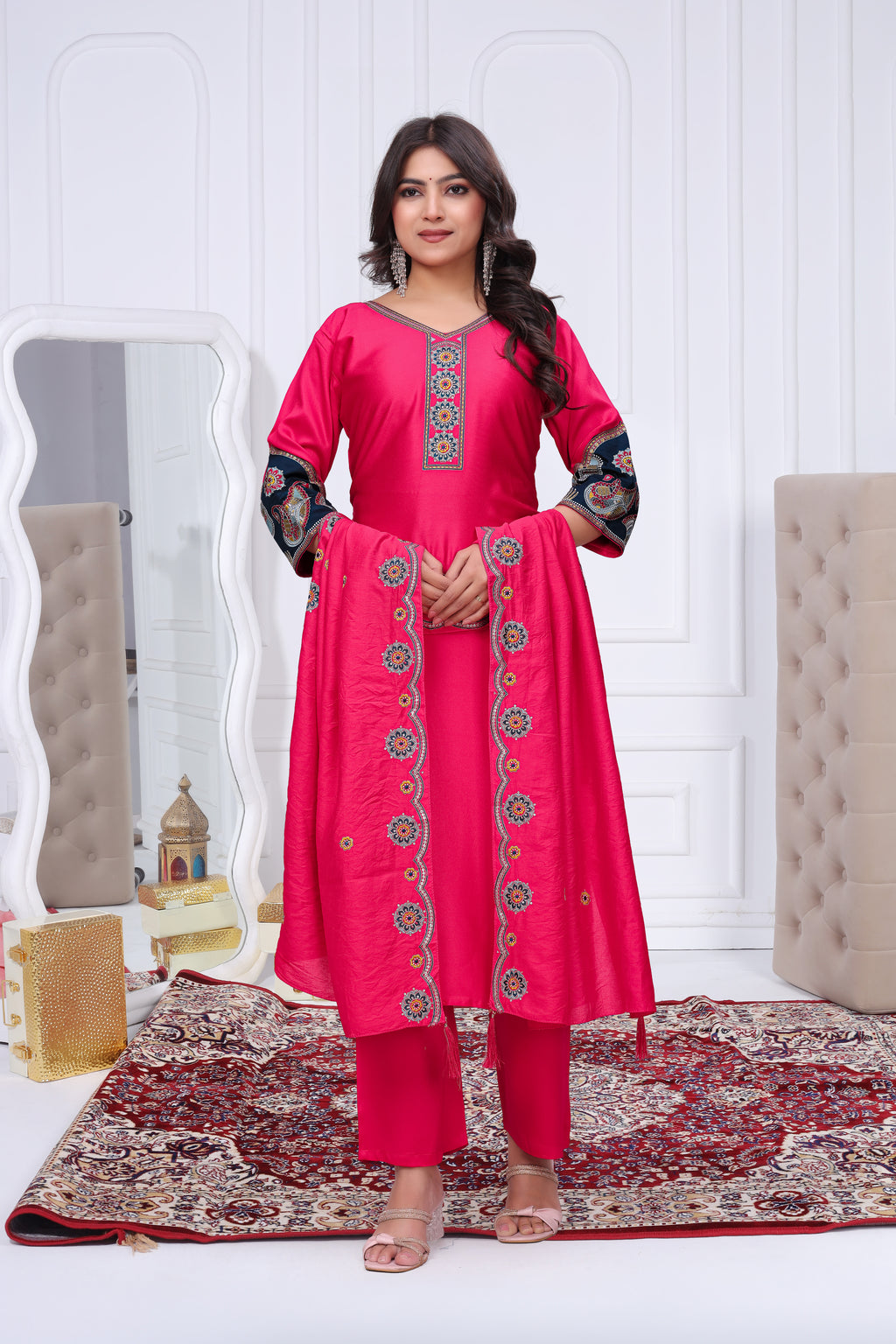 Elegant Rani Pink Silk Salwar Suit Set with Embroidered Yoke For Women