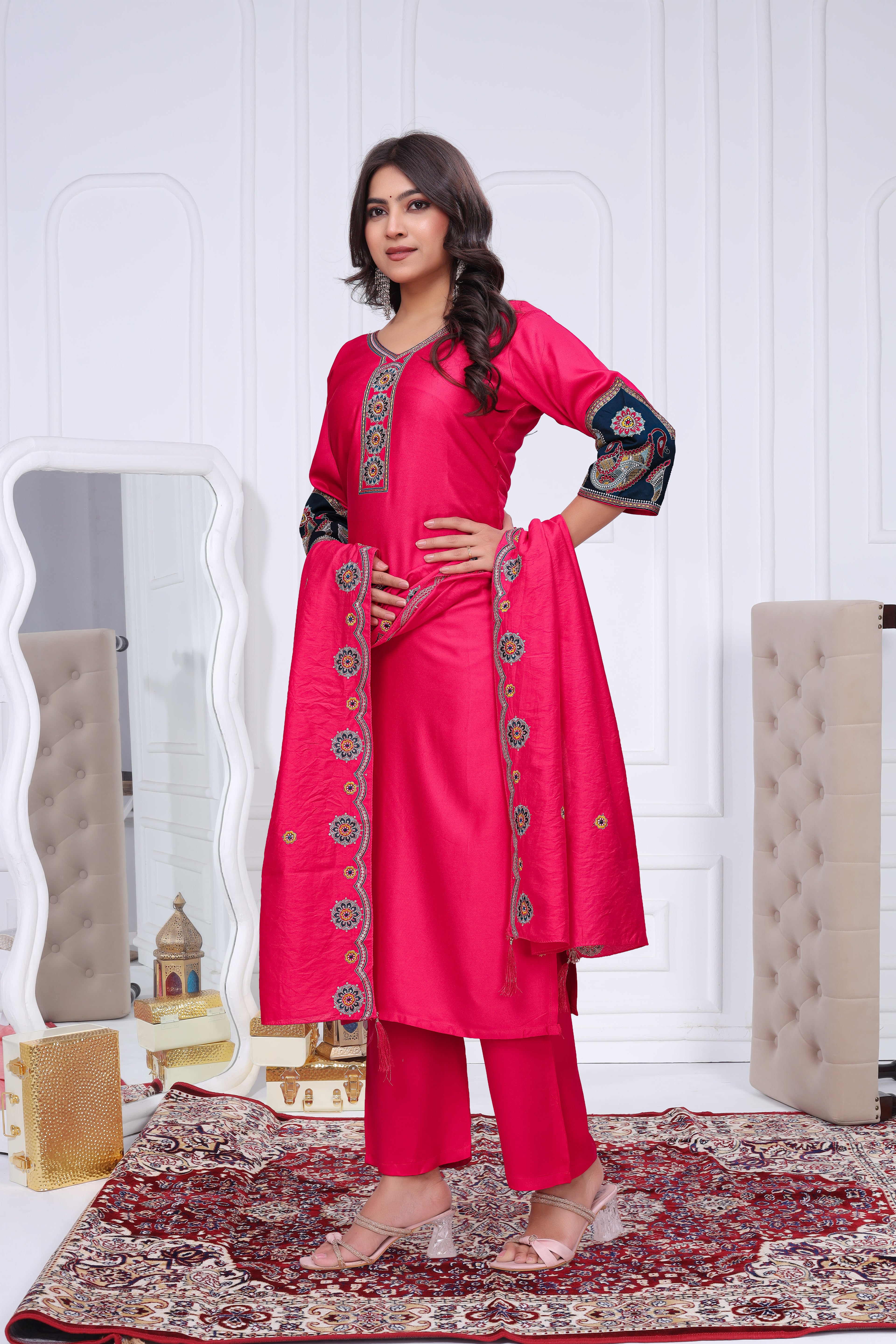 Elegant Rani Pink Silk Salwar Suit Set with Embroidered Yoke For Women