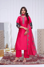 Elegant Rani Pink Silk Salwar Suit Set with Embroidered Yoke For Women