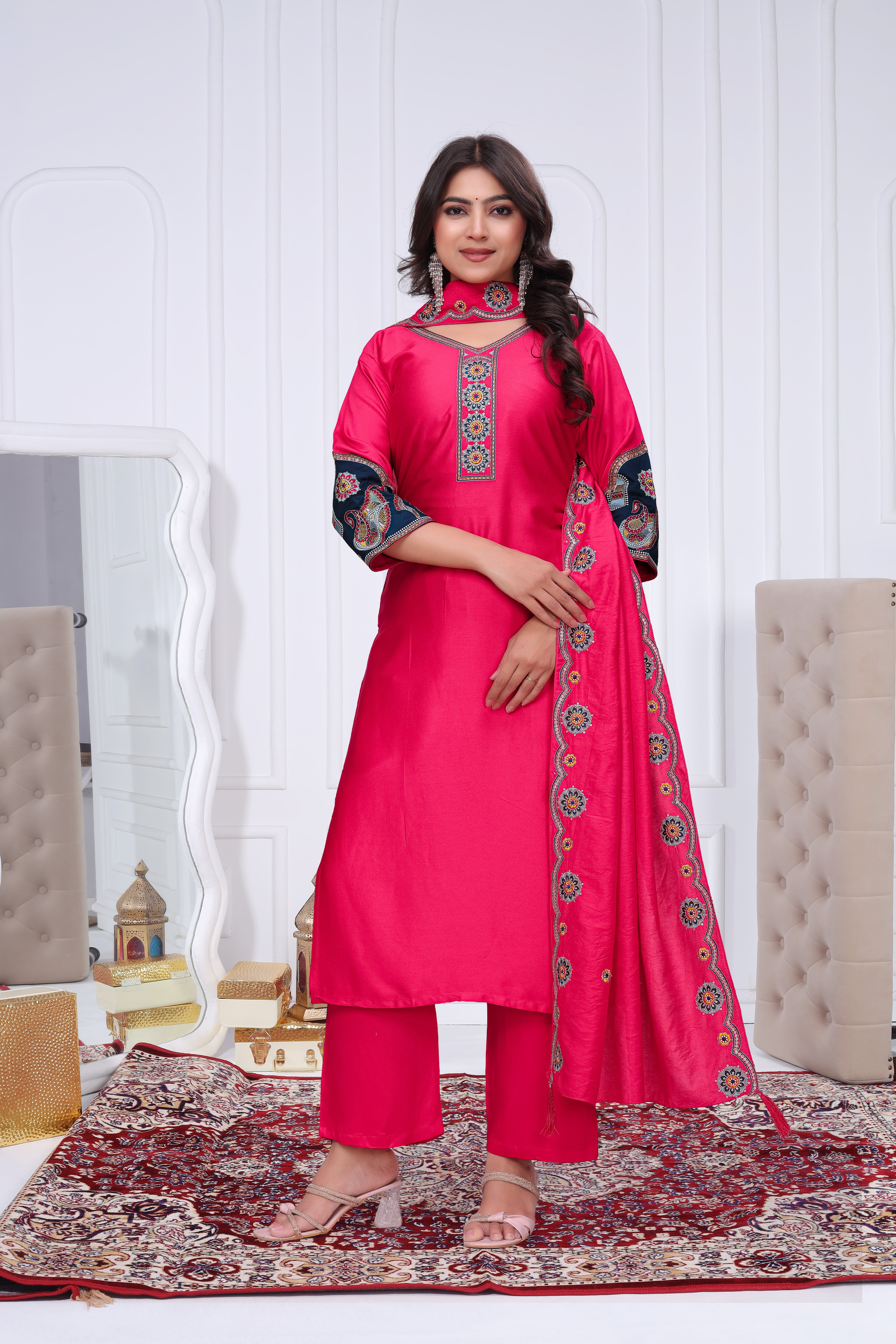 Elegant Rani Pink Silk Salwar Suit Set with Embroidered Yoke For Women