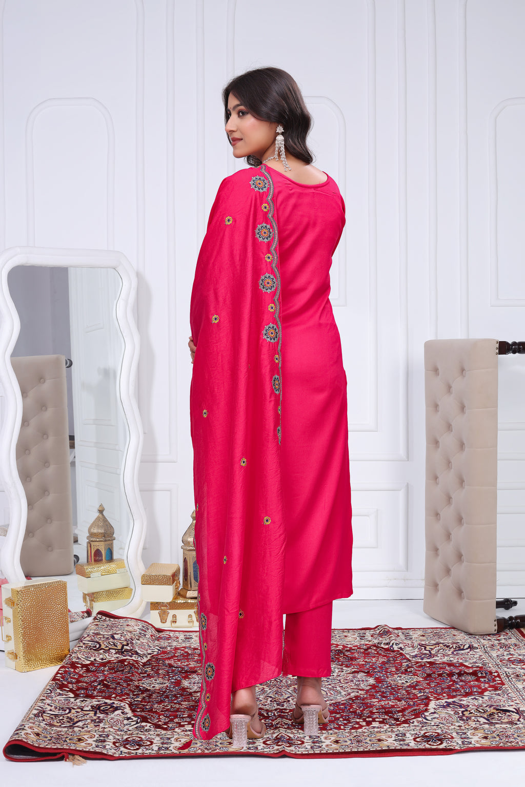 Elegant Rani Pink Silk Salwar Suit Set with Embroidered Yoke For Women
