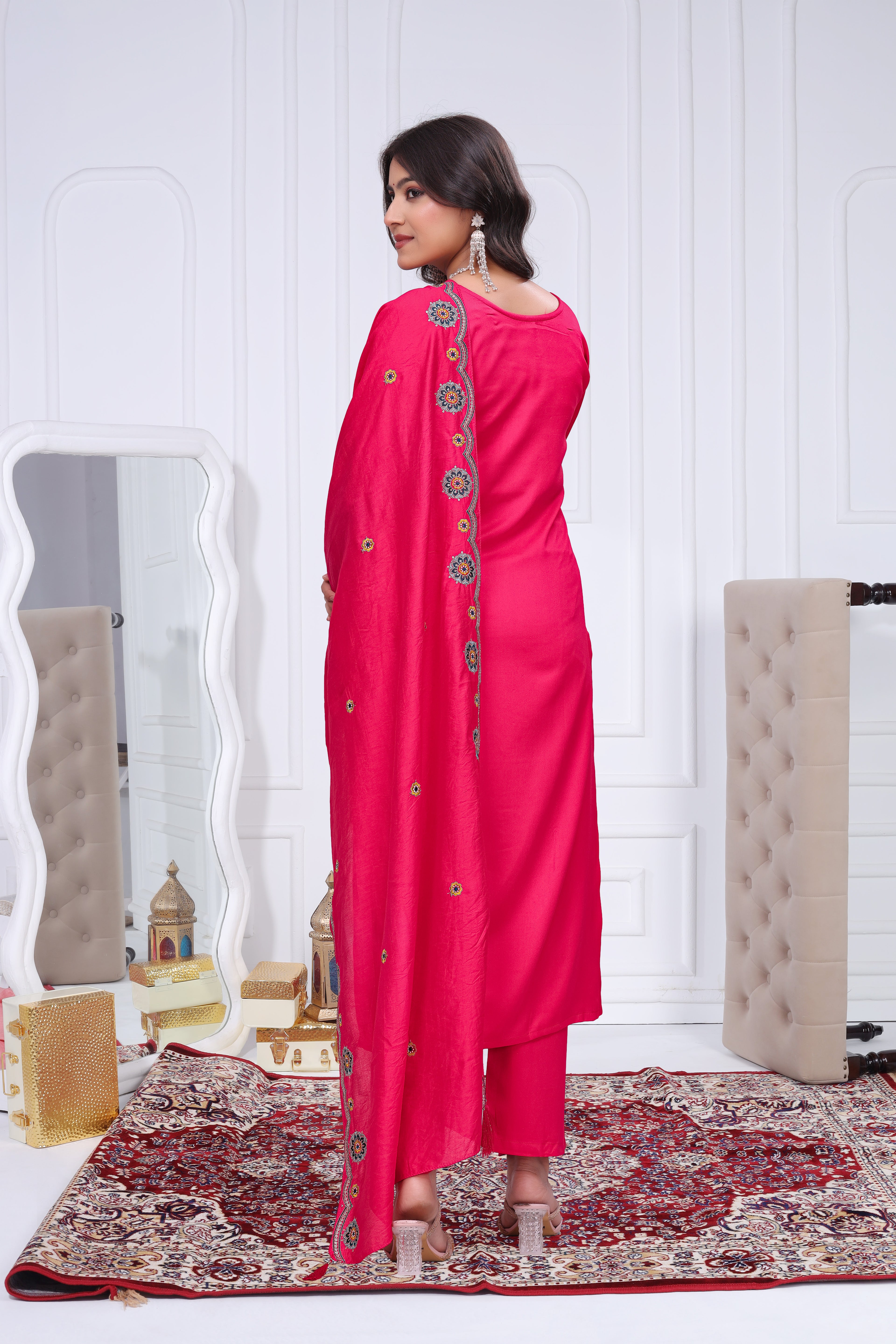 Elegant Rani Pink Silk Salwar Suit Set with Embroidered Yoke For Women