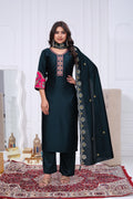 Elegant Rama Green Silk Salwar Suit Set with Contrast Embroidered Yoke For Women