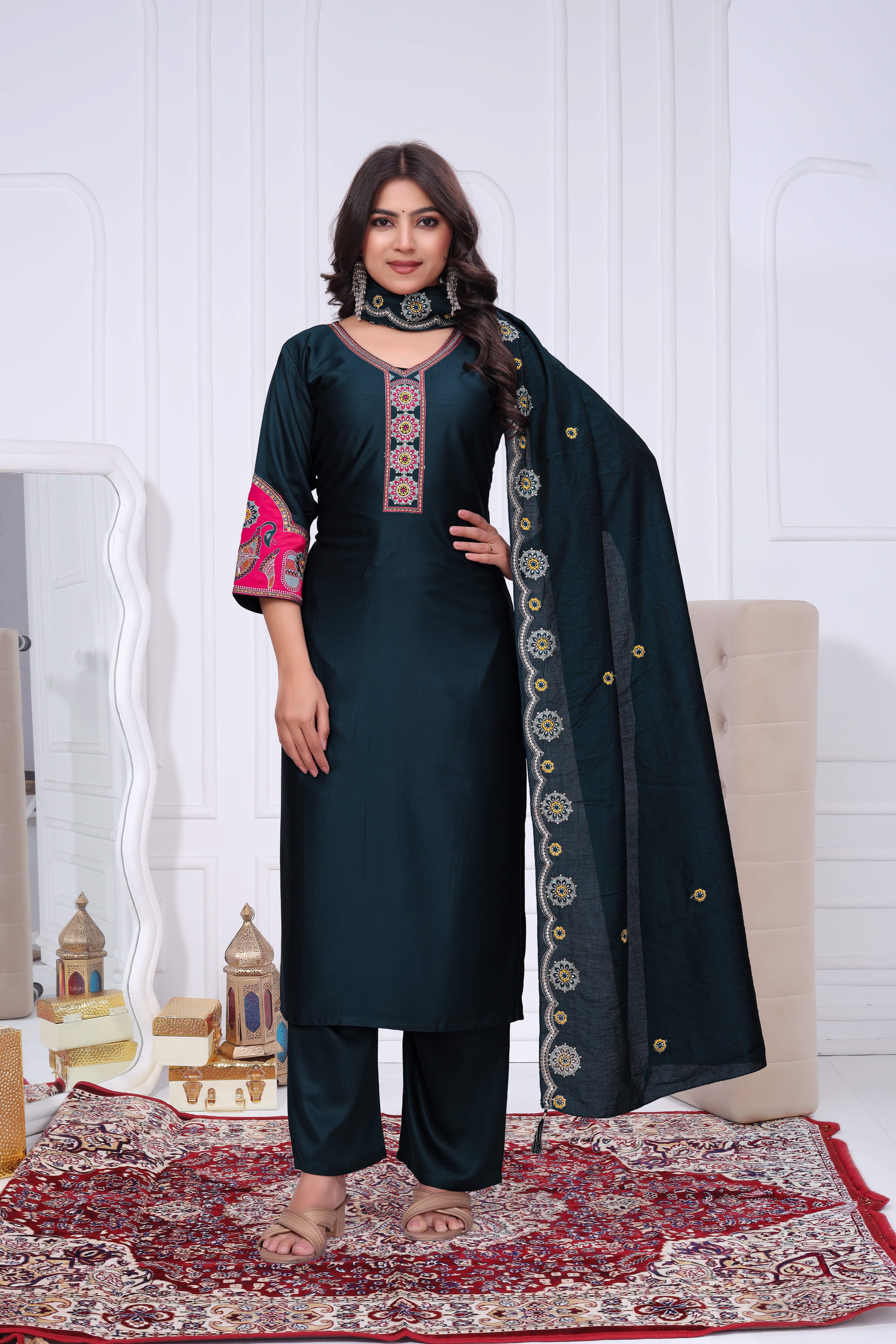 Elegant Rama Green Silk Salwar Suit Set with Contrast Embroidered Yoke For Women