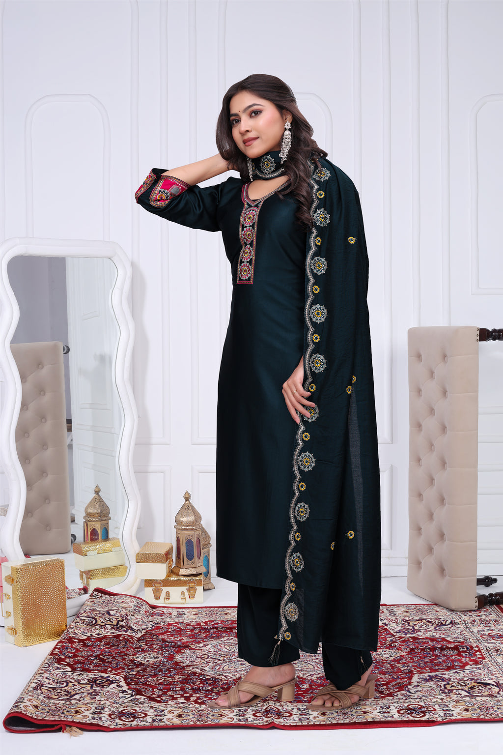 Elegant Rama Green Silk Salwar Suit Set with Contrast Embroidered Yoke For Women