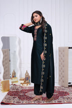 Elegant Rama Green Silk Salwar Suit Set with Contrast Embroidered Yoke For Women