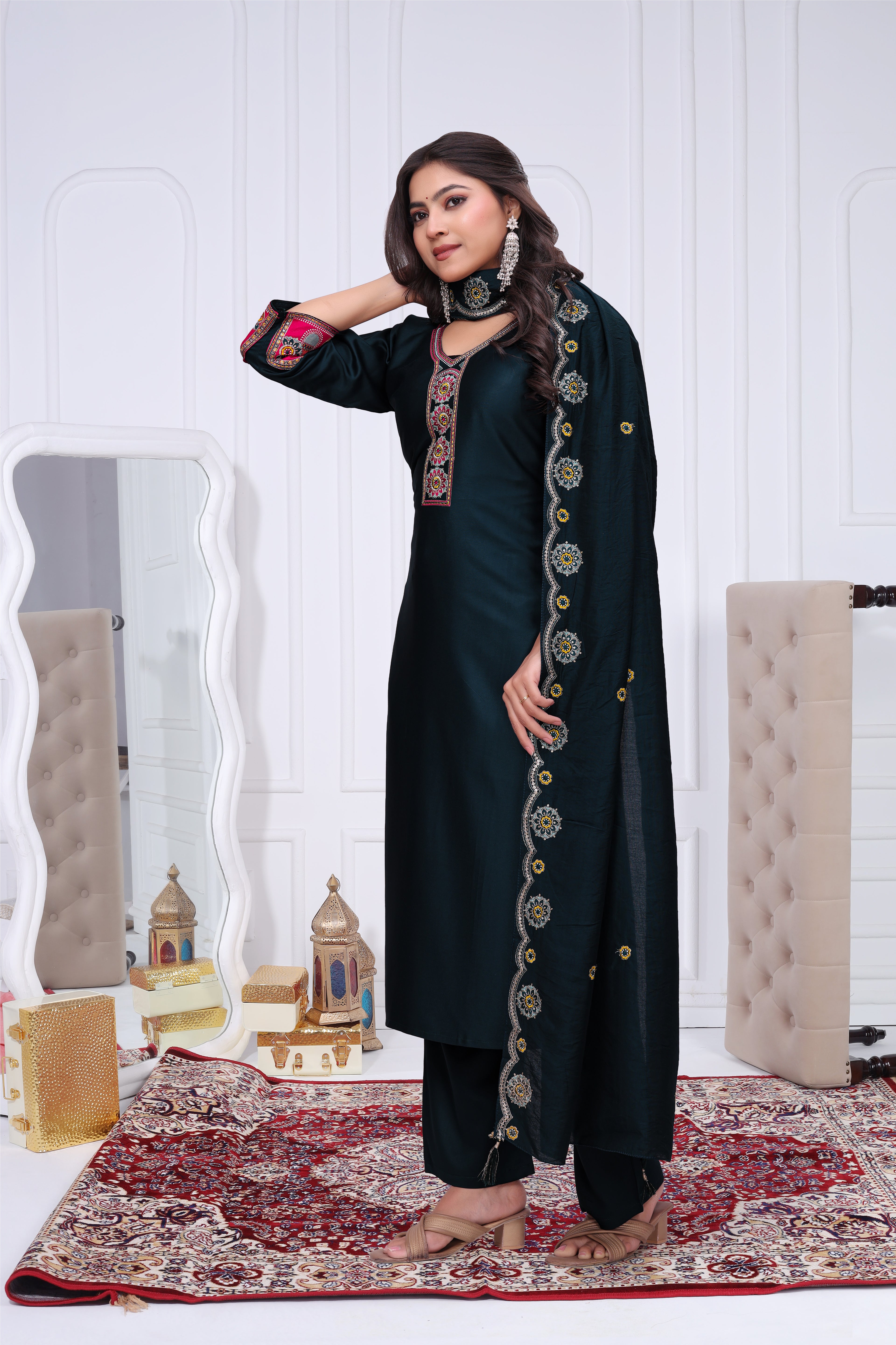 Elegant Rama Green Silk Salwar Suit Set with Contrast Embroidered Yoke For Women