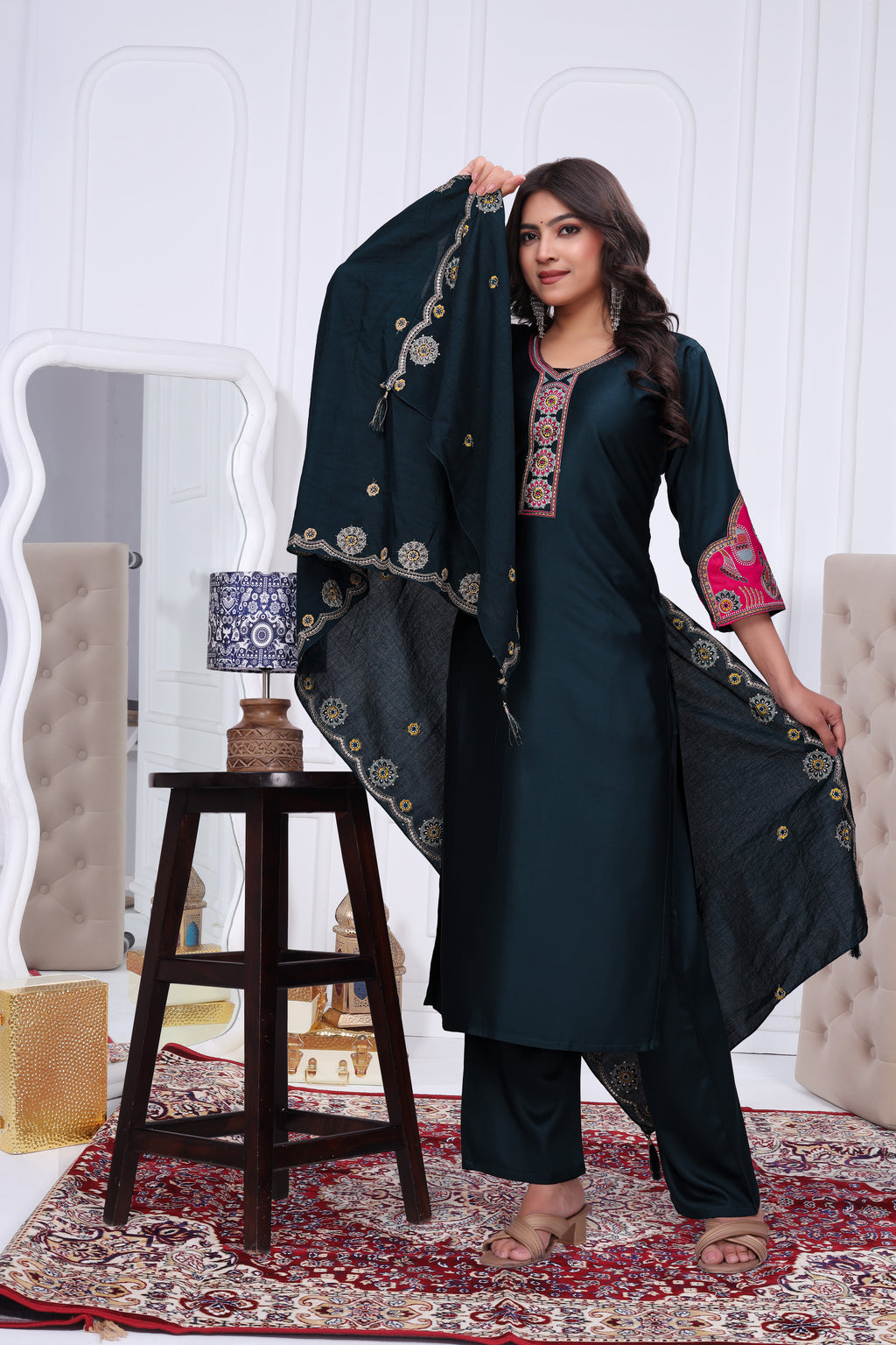 Elegant Rama Green Silk Salwar Suit Set with Contrast Embroidered Yoke For Women