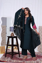 Elegant Rama Green Silk Salwar Suit Set with Contrast Embroidered Yoke For Women