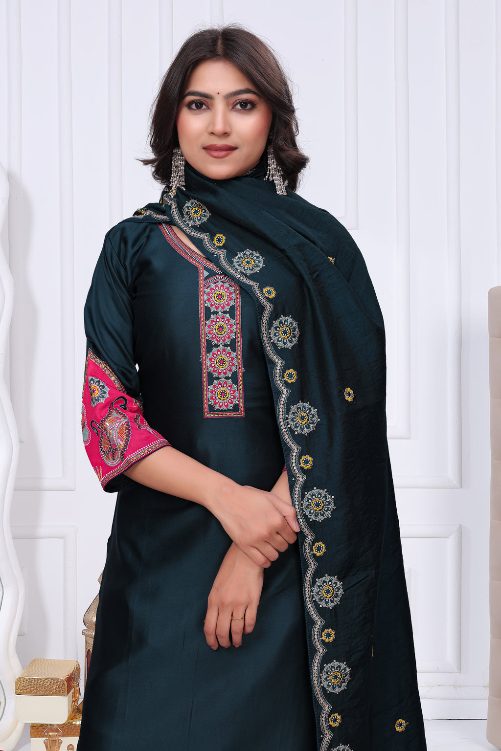 Elegant Rama Green Silk Salwar Suit Set with Contrast Embroidered Yoke For Women