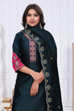 Elegant Rama Green Silk Salwar Suit Set with Contrast Embroidered Yoke For Women