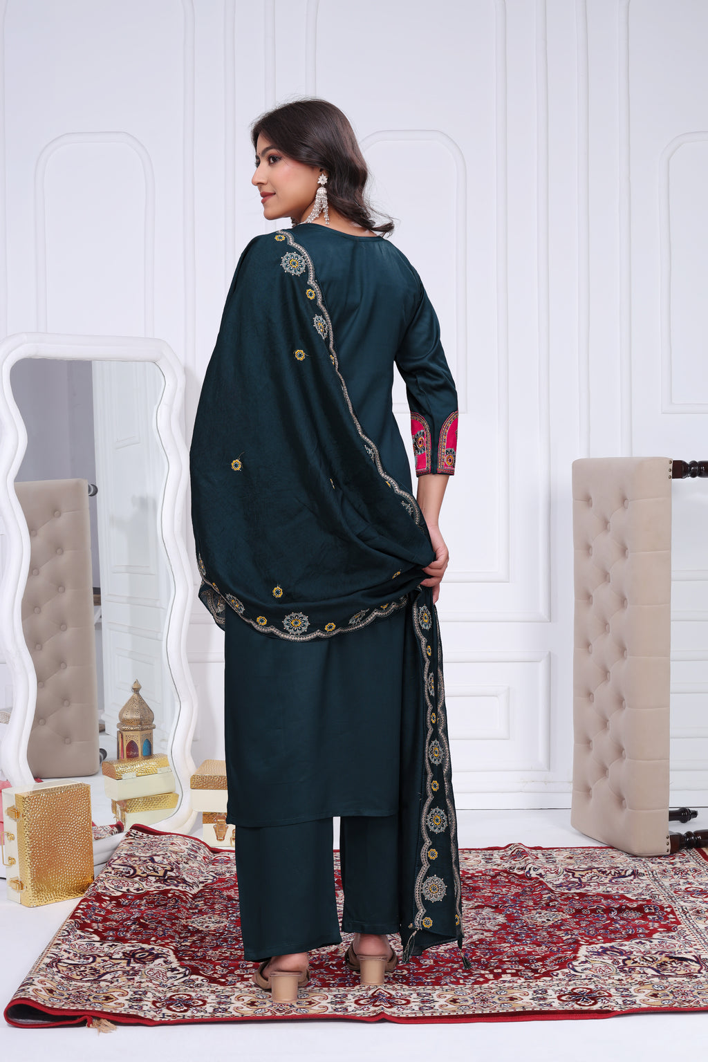 Elegant Rama Green Silk Salwar Suit Set with Contrast Embroidered Yoke For Women