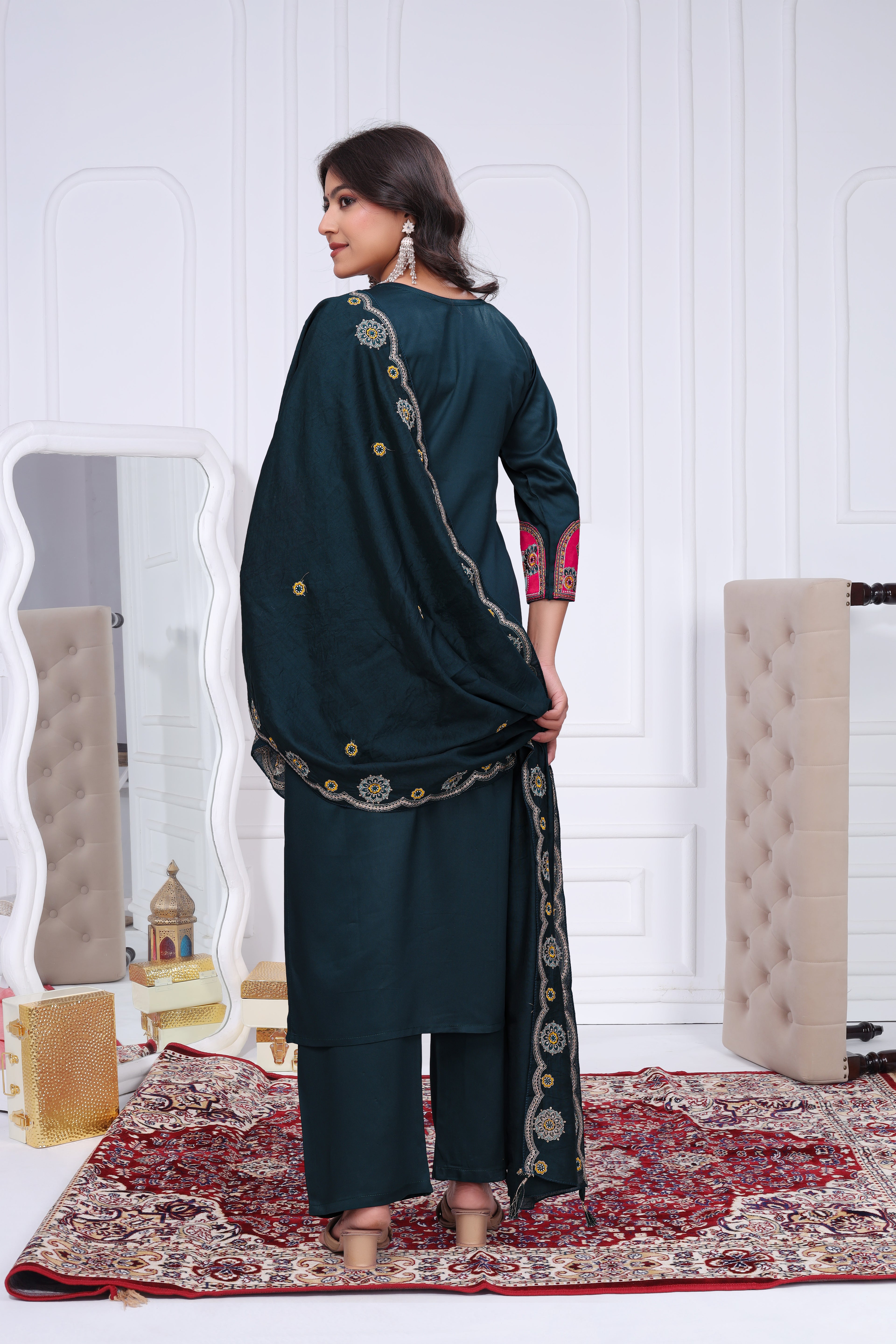 Elegant Rama Green Silk Salwar Suit Set with Contrast Embroidered Yoke For Women