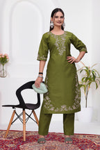 Elegant Mehendi Green Silk Salwar Suit Set with Floral Embroidery For Women