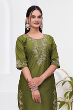 Elegant Mehendi Green Silk Salwar Suit Set with Floral Embroidery For Women
