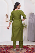 Elegant Mehendi Green Silk Salwar Suit Set with Floral Embroidery For Women