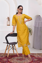 Elegant Mustard Yellow Silk Salwar Suit Set with Floral Embroidery For Women