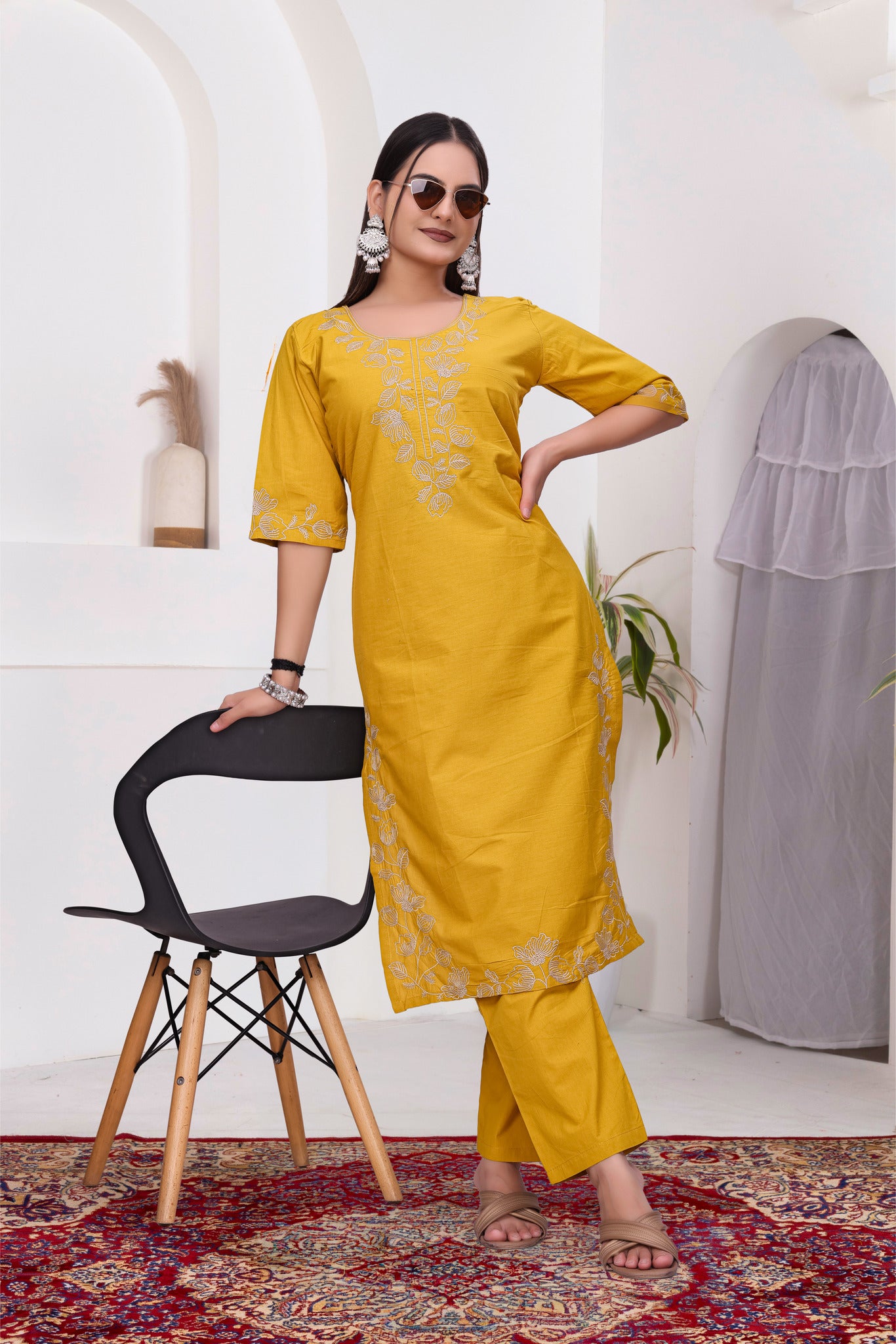 Elegant Mustard Yellow Silk Salwar Suit Set with Floral Embroidery For Women