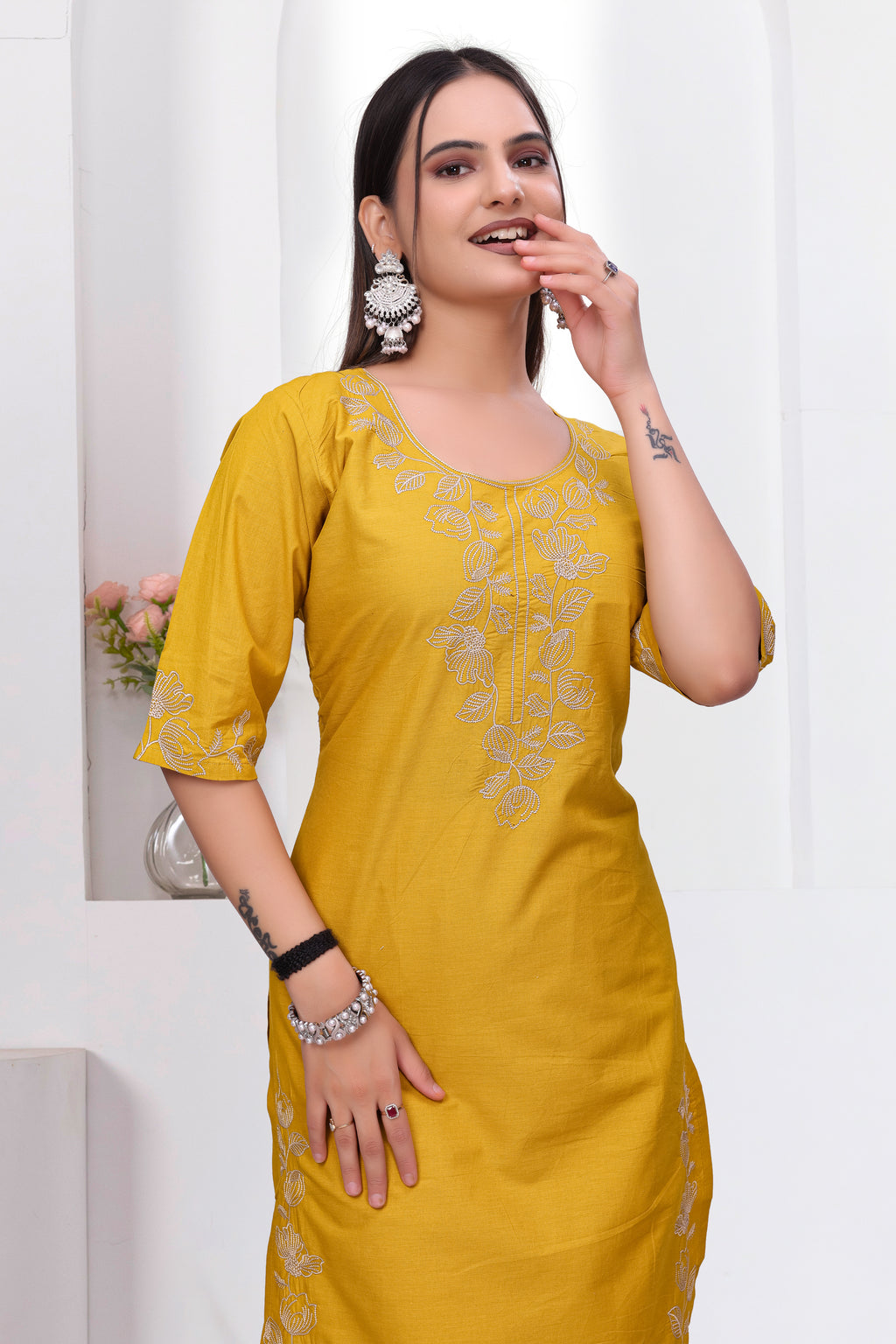 Elegant Mustard Yellow Silk Salwar Suit Set with Floral Embroidery For Women