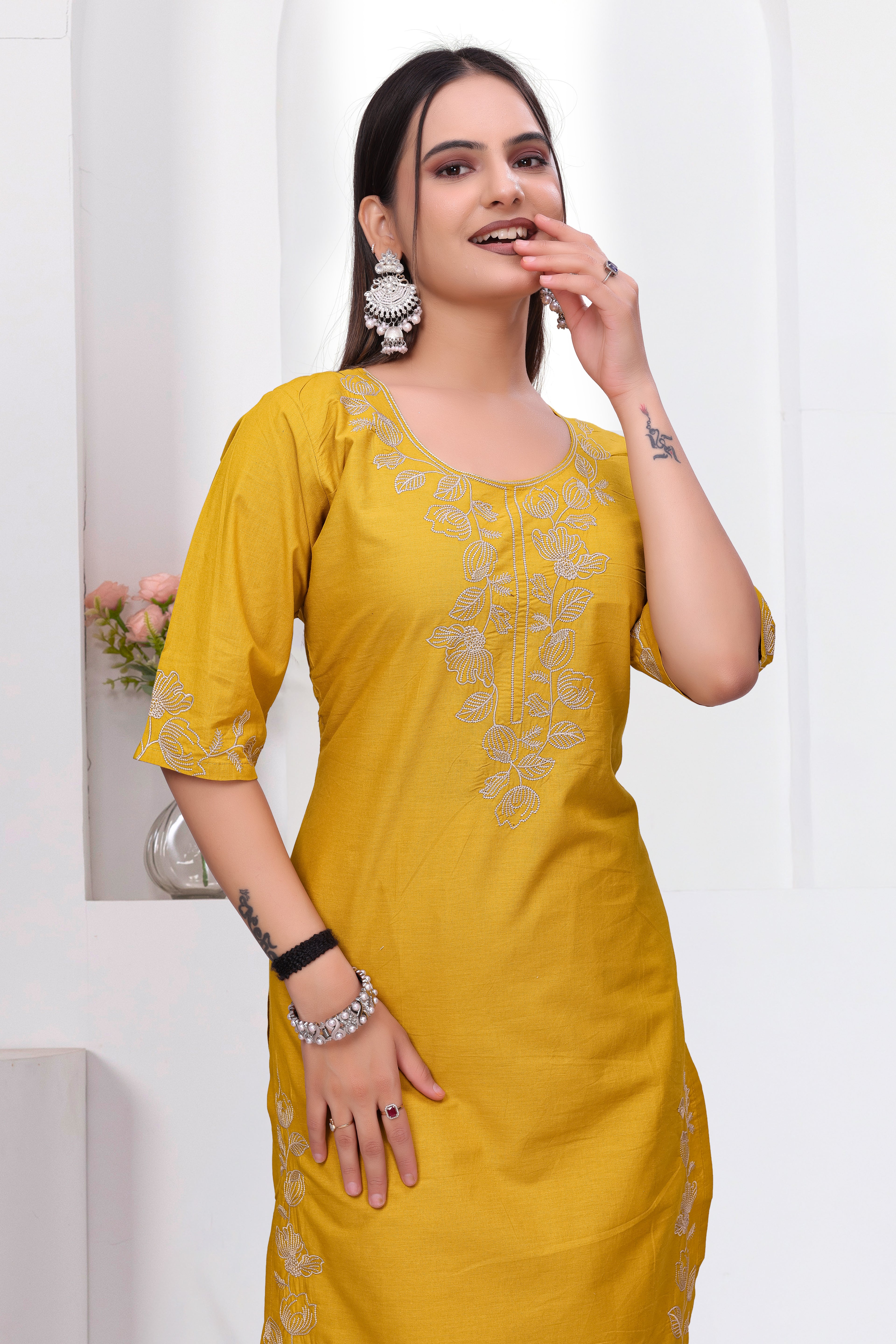 Elegant Mustard Yellow Silk Salwar Suit Set with Floral Embroidery For Women