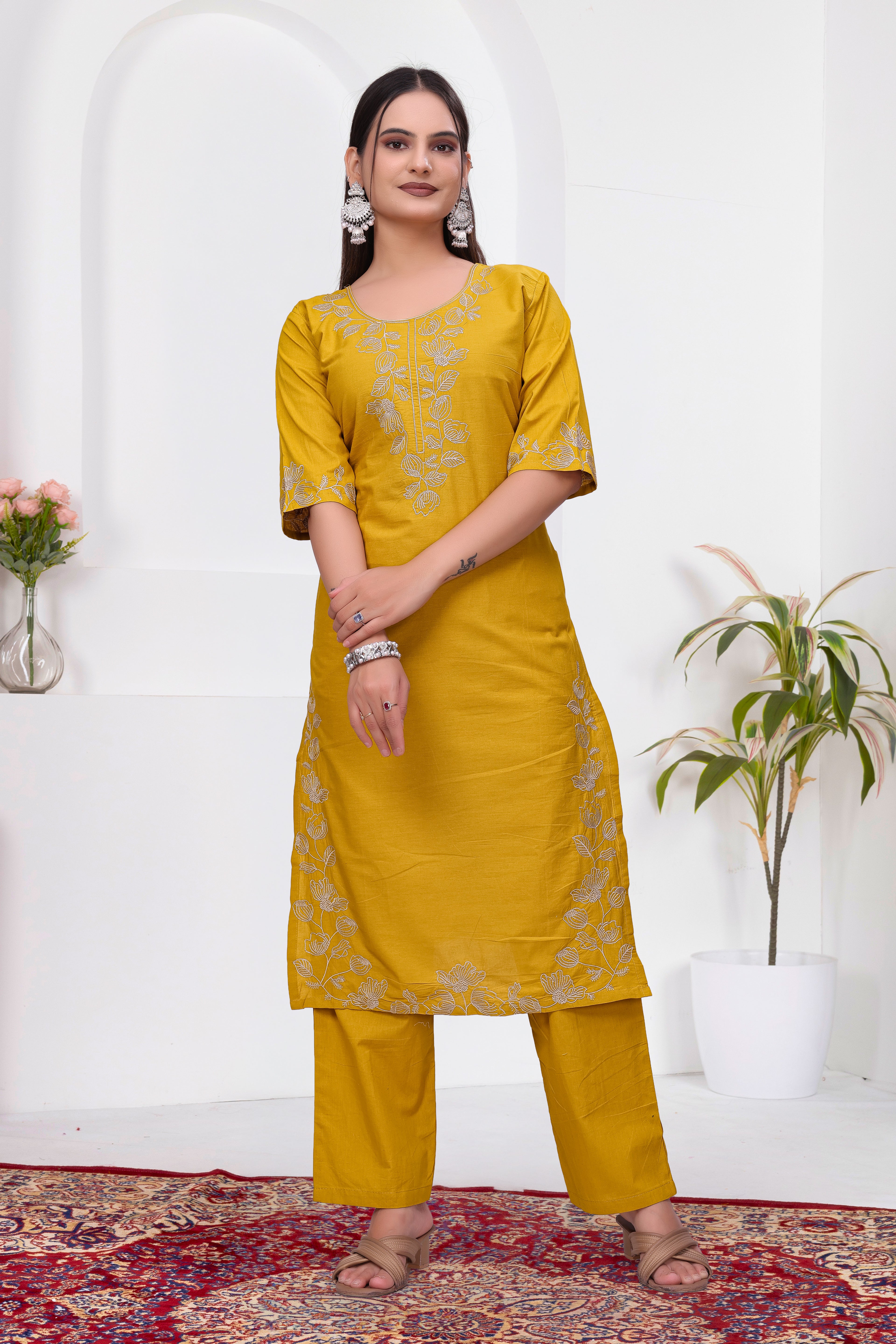 Elegant Mustard Yellow Silk Salwar Suit Set with Floral Embroidery For Women