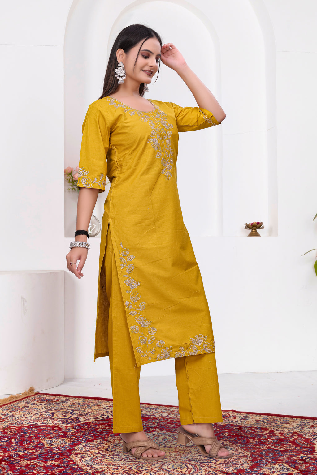 Elegant Mustard Yellow Silk Salwar Suit Set with Floral Embroidery For Women