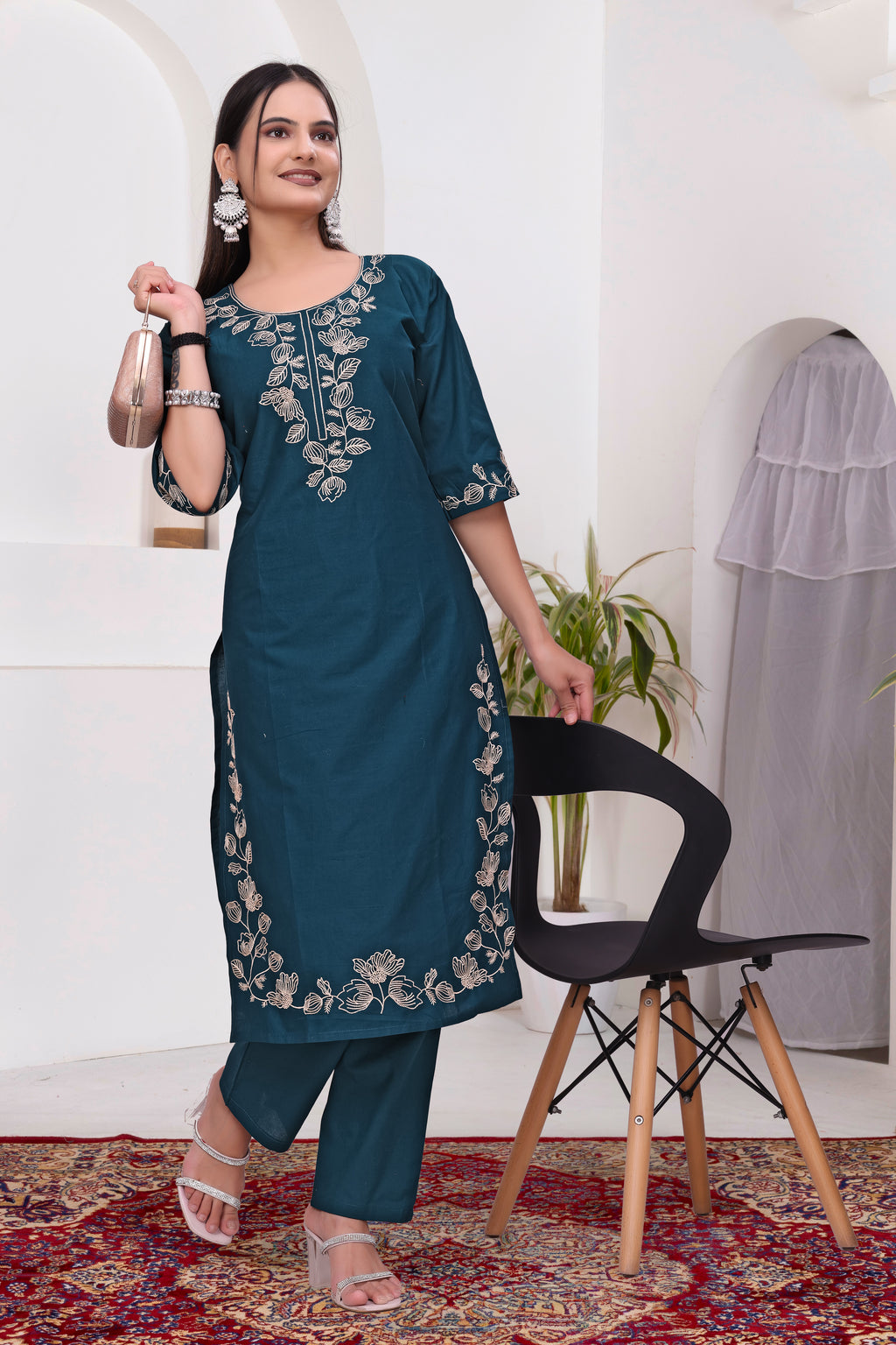 Elegant Rama Blue Silk Salwar Suit Set with Floral Embroidery For Women