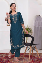 Elegant Rama Blue Silk Salwar Suit Set with Floral Embroidery For Women