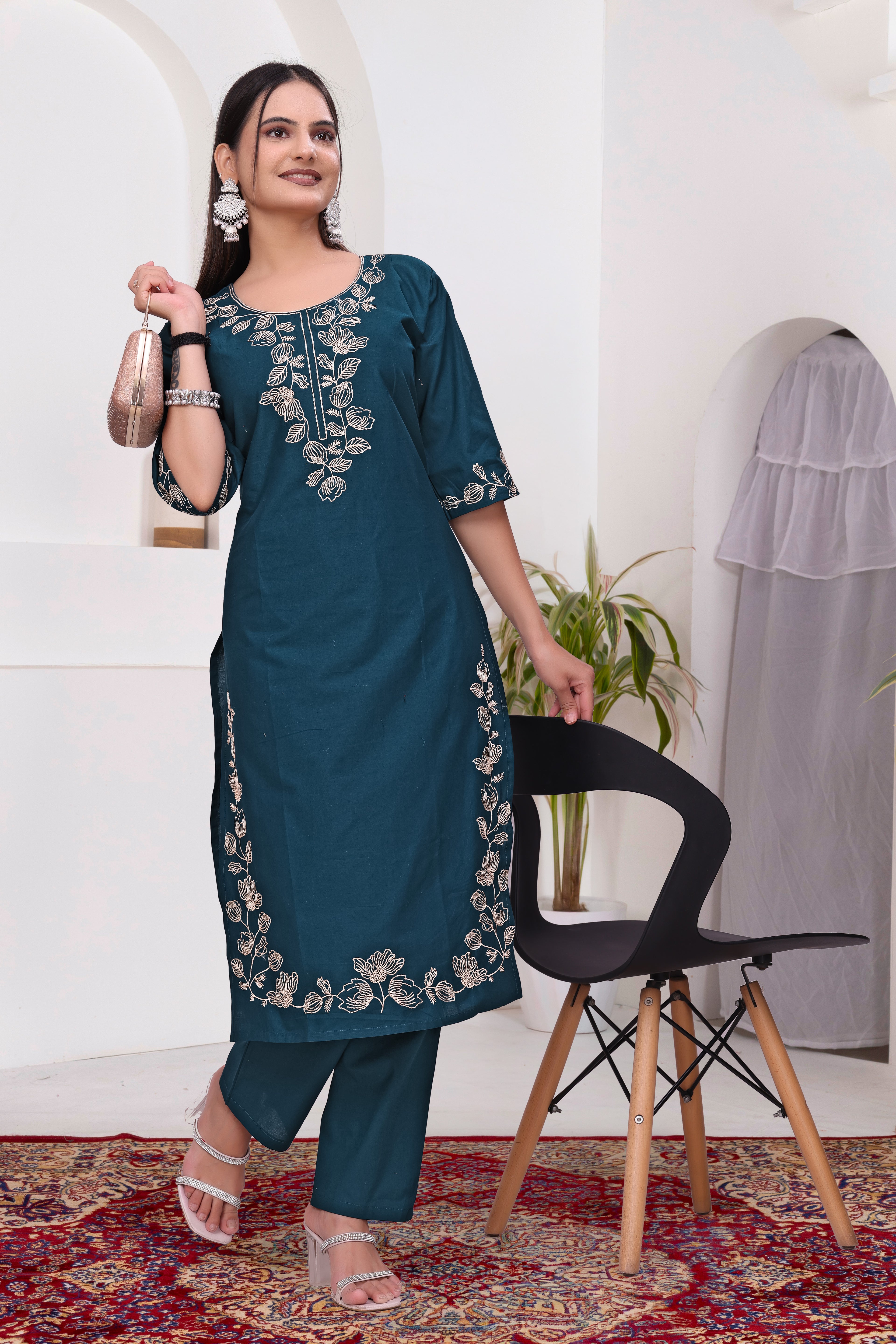 Elegant Rama Blue Silk Salwar Suit Set with Floral Embroidery For Women