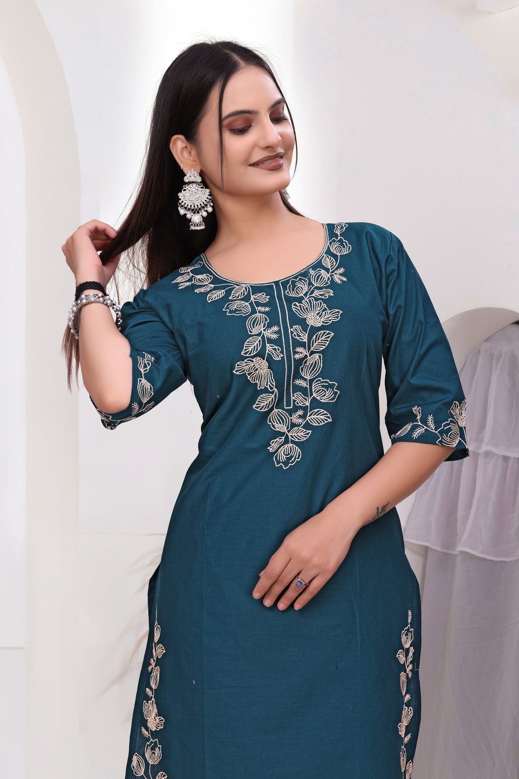 Elegant Rama Blue Silk Salwar Suit Set with Floral Embroidery For Women