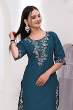Elegant Rama Blue Silk Salwar Suit Set with Floral Embroidery For Women