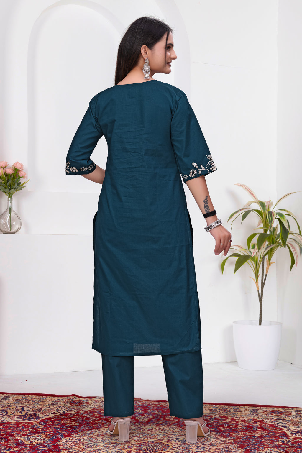 Elegant Rama Blue Silk Salwar Suit Set with Floral Embroidery For Women