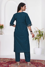 Elegant Rama Blue Silk Salwar Suit Set with Floral Embroidery For Women