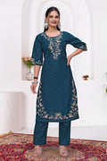 Elegant Rama Blue Silk Salwar Suit Set with Floral Embroidery For Women