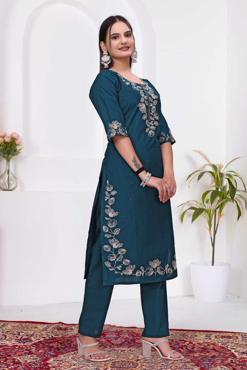 Elegant Rama Blue Silk Salwar Suit Set with Floral Embroidery For Women
