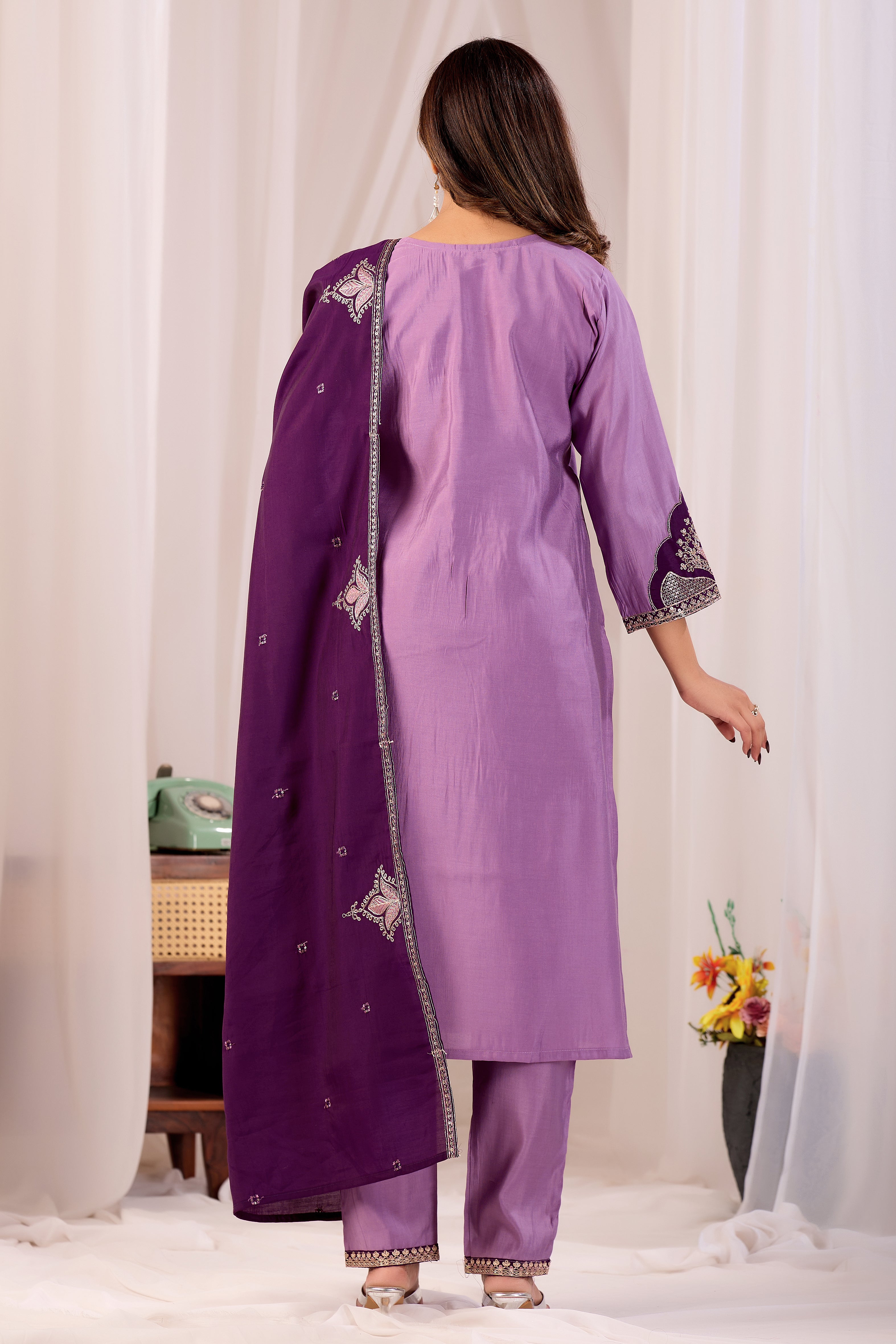Elegant Lavender Silk Salwar Suit Set with Deep Purple Embroidered Yoke For Women