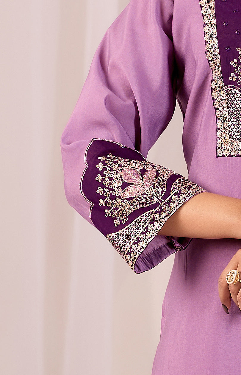Elegant Lavender Silk Salwar Suit Set with Deep Purple Embroidered Yoke For Women
