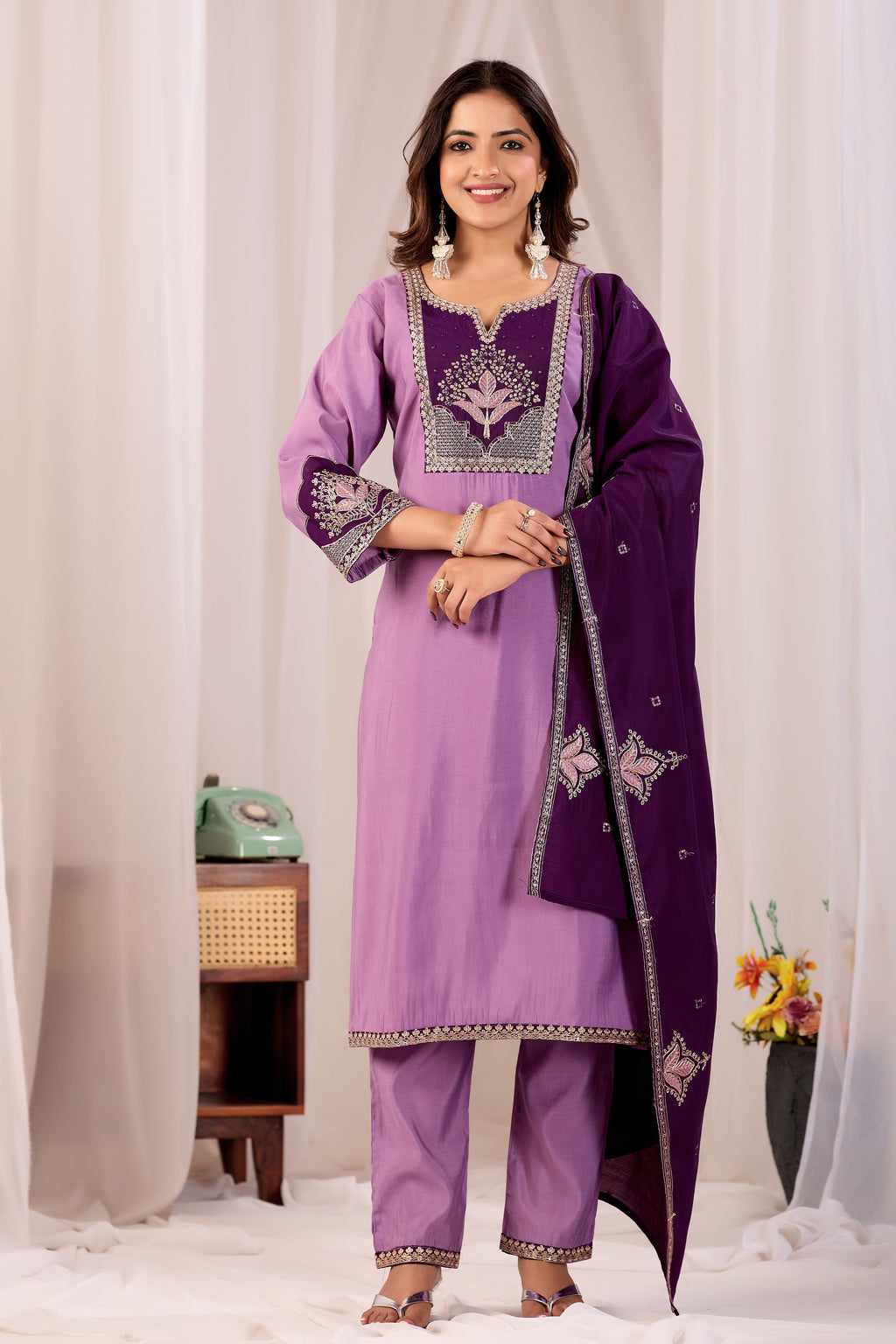 Elegant Lavender Silk Salwar Suit Set with Deep Purple Embroidered Yoke For Women