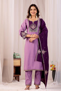 Elegant Lavender Silk Salwar Suit Set with Deep Purple Embroidered Yoke For Women