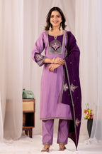 Elegant Lavender Silk Salwar Suit Set with Deep Purple Embroidered Yoke For Women