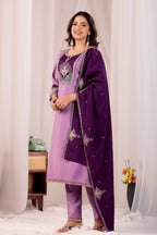 Elegant Lavender Silk Salwar Suit Set with Deep Purple Embroidered Yoke For Women