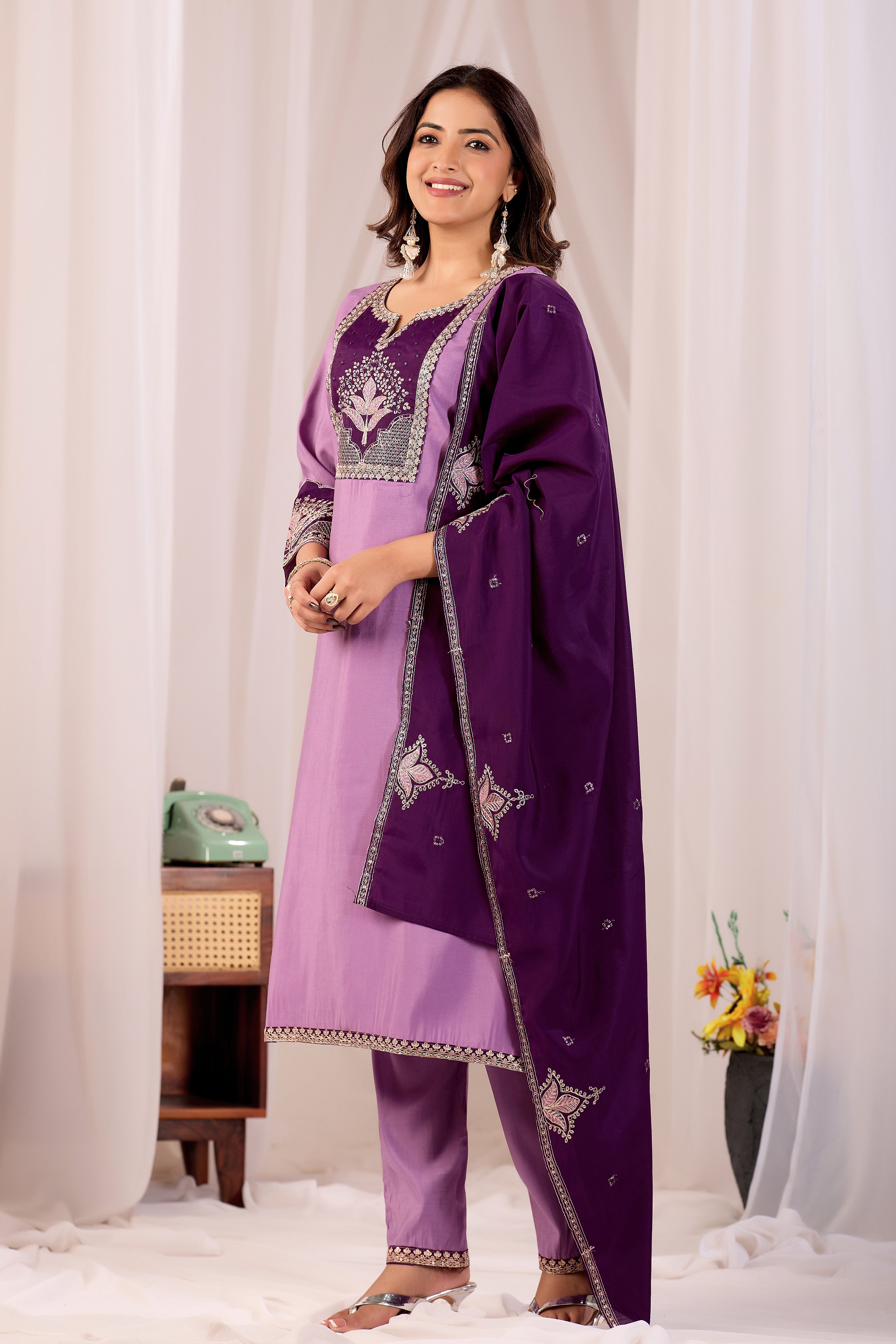 Elegant Lavender Silk Salwar Suit Set with Deep Purple Embroidered Yoke For Women
