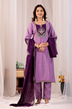 Elegant Lavender Silk Salwar Suit Set with Deep Purple Embroidered Yoke For Women