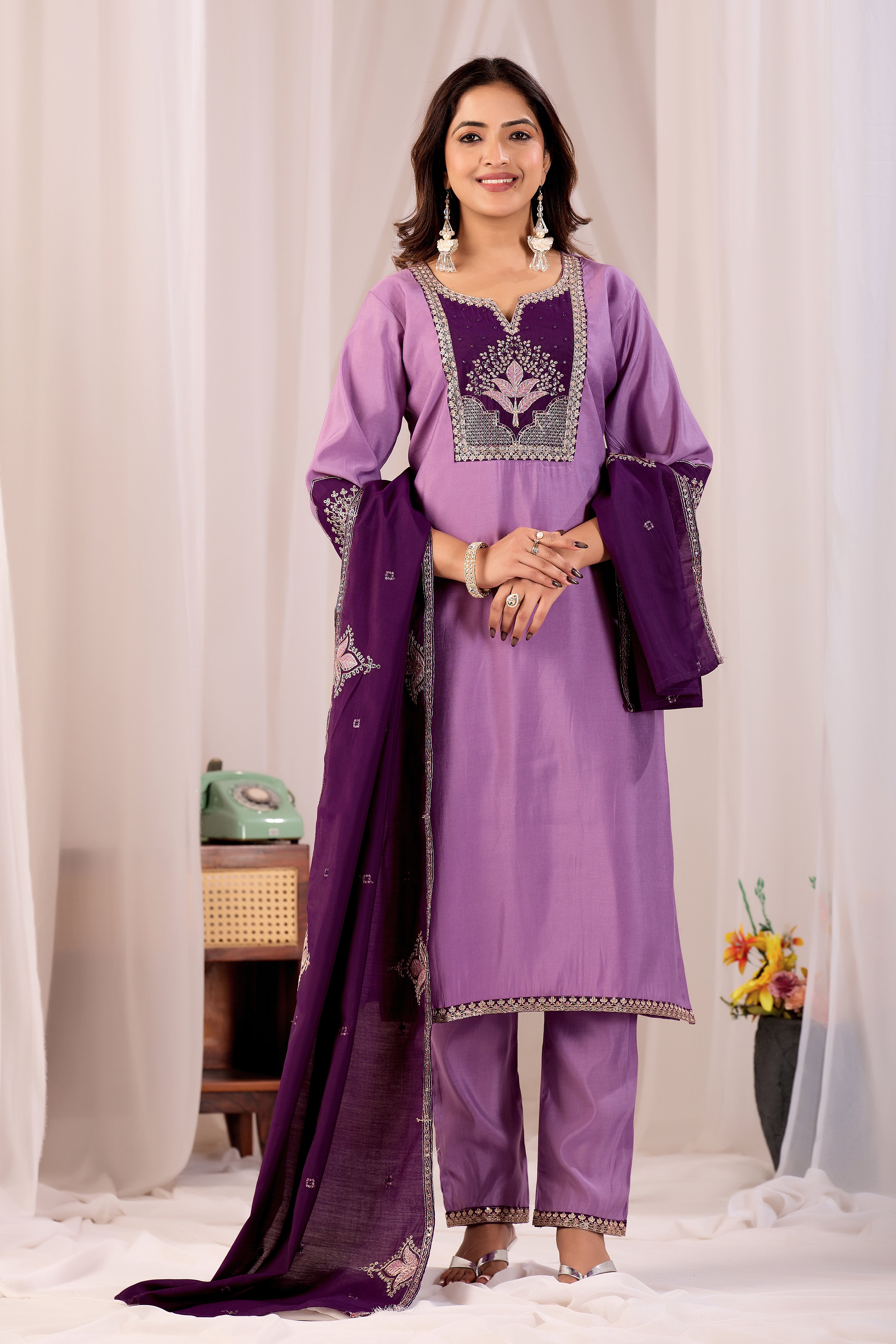 Elegant Lavender Silk Salwar Suit Set with Deep Purple Embroidered Yoke For Women