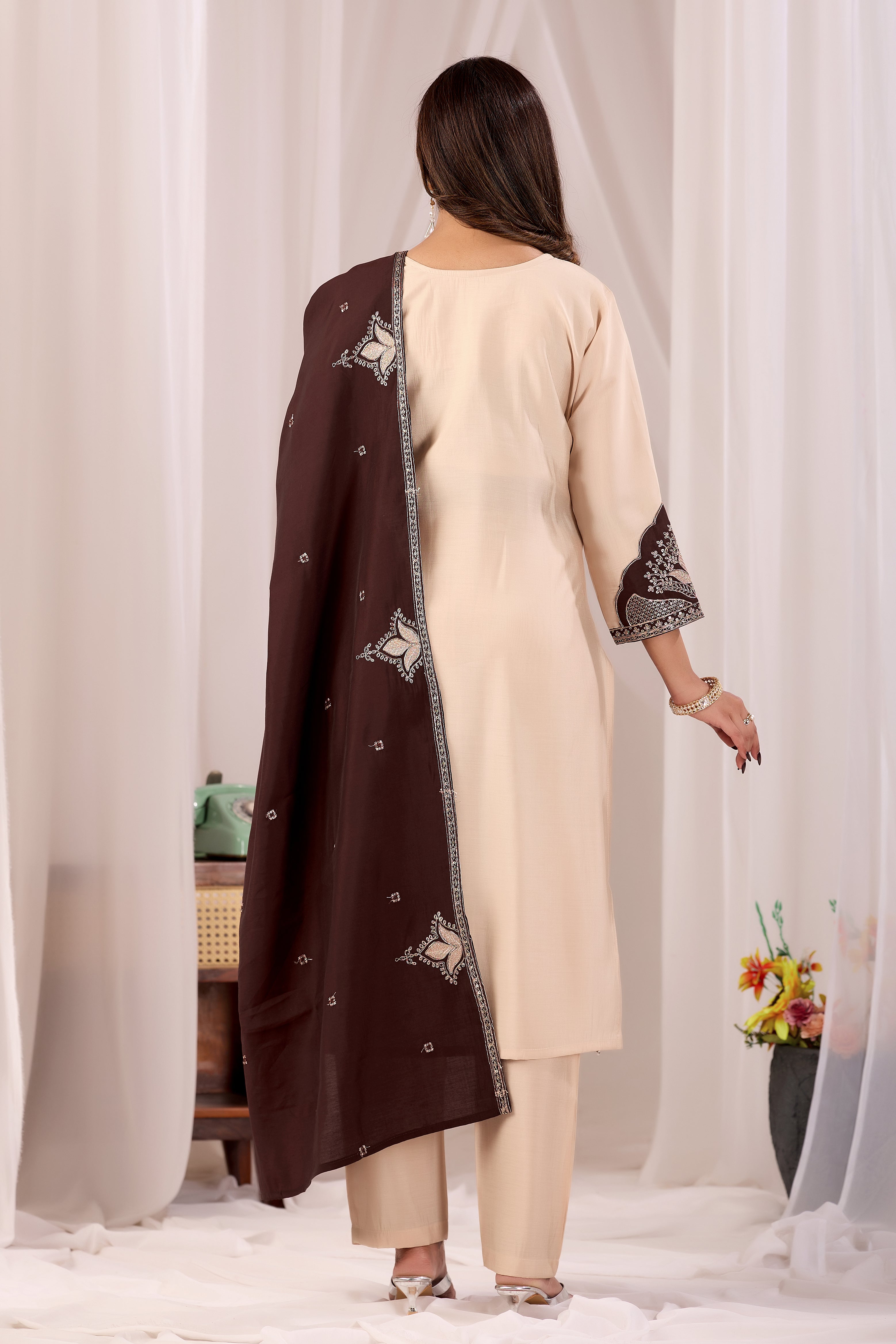 Elegant Cream Silk Salwar Suit Set with Dark Brown Embroidered Yoke For Women