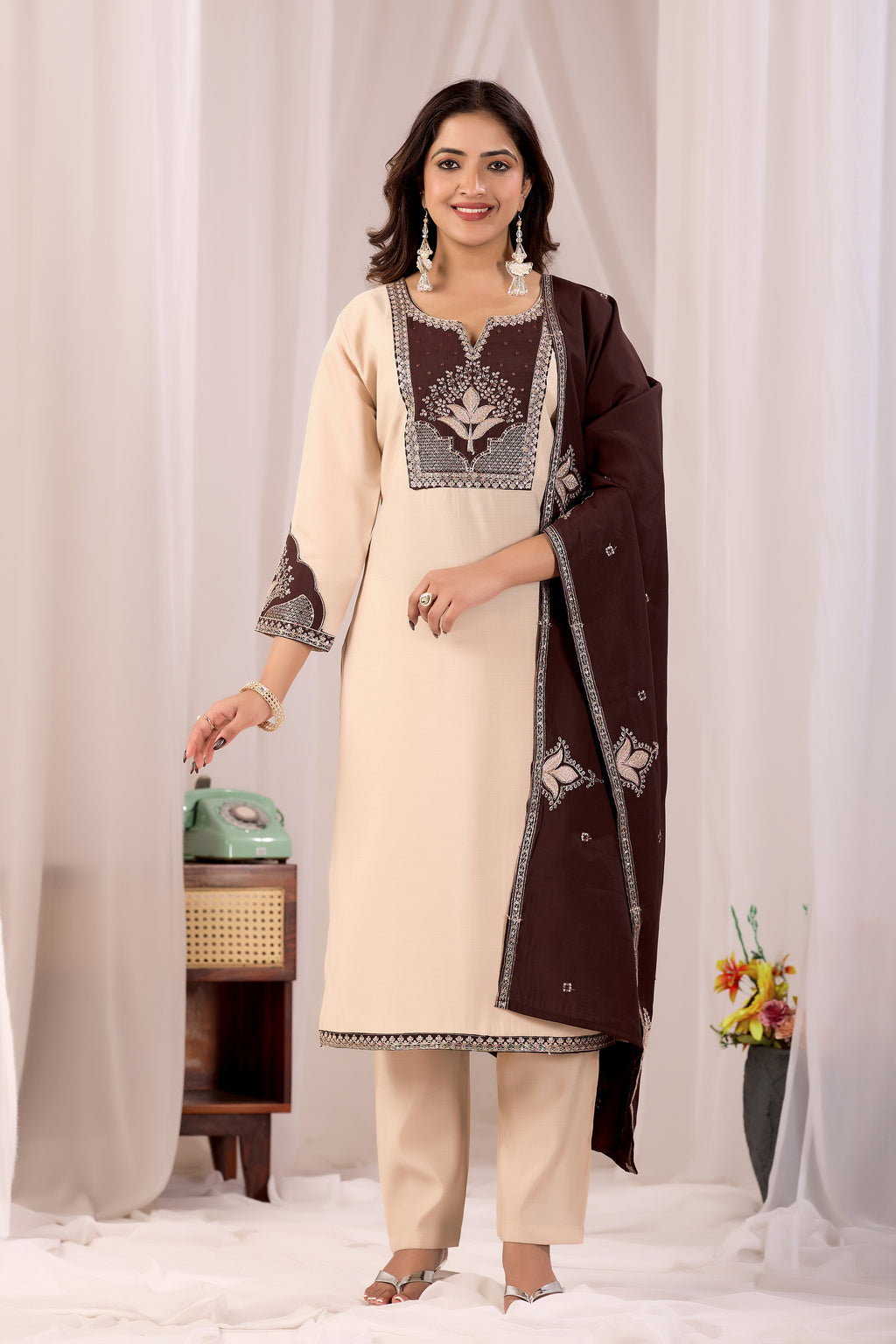 Elegant Cream Silk Salwar Suit Set with Dark Brown Embroidered Yoke For Women