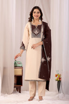 Elegant Cream Silk Salwar Suit Set with Dark Brown Embroidered Yoke For Women