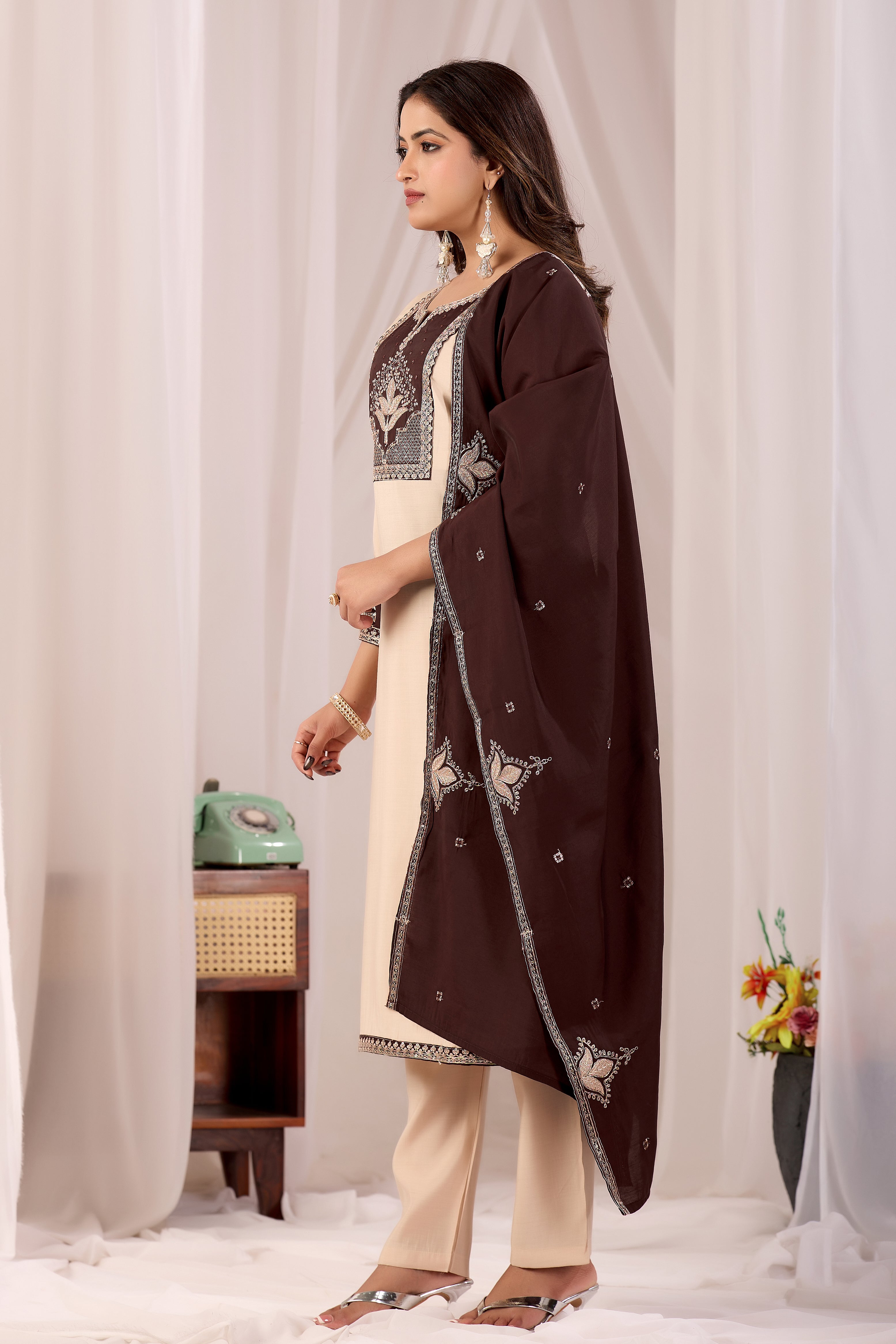 Elegant Cream Silk Salwar Suit Set with Dark Brown Embroidered Yoke For Women
