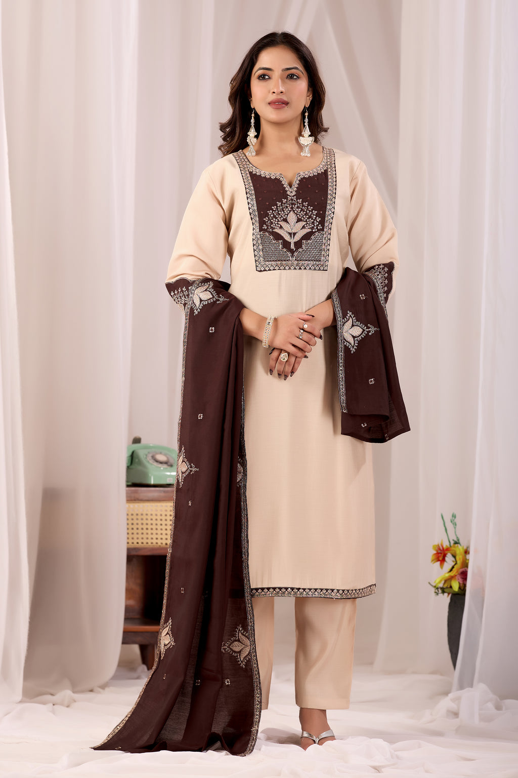 Elegant Cream Silk Salwar Suit Set with Dark Brown Embroidered Yoke For Women
