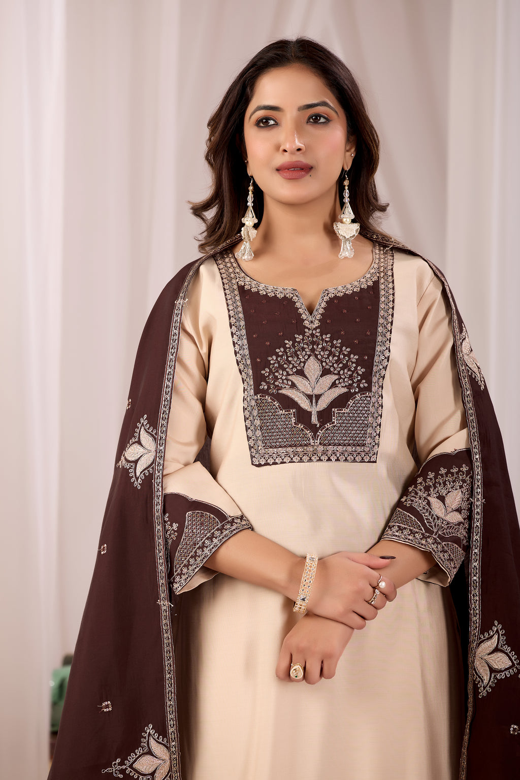 Elegant Cream Silk Salwar Suit Set with Dark Brown Embroidered Yoke For Women